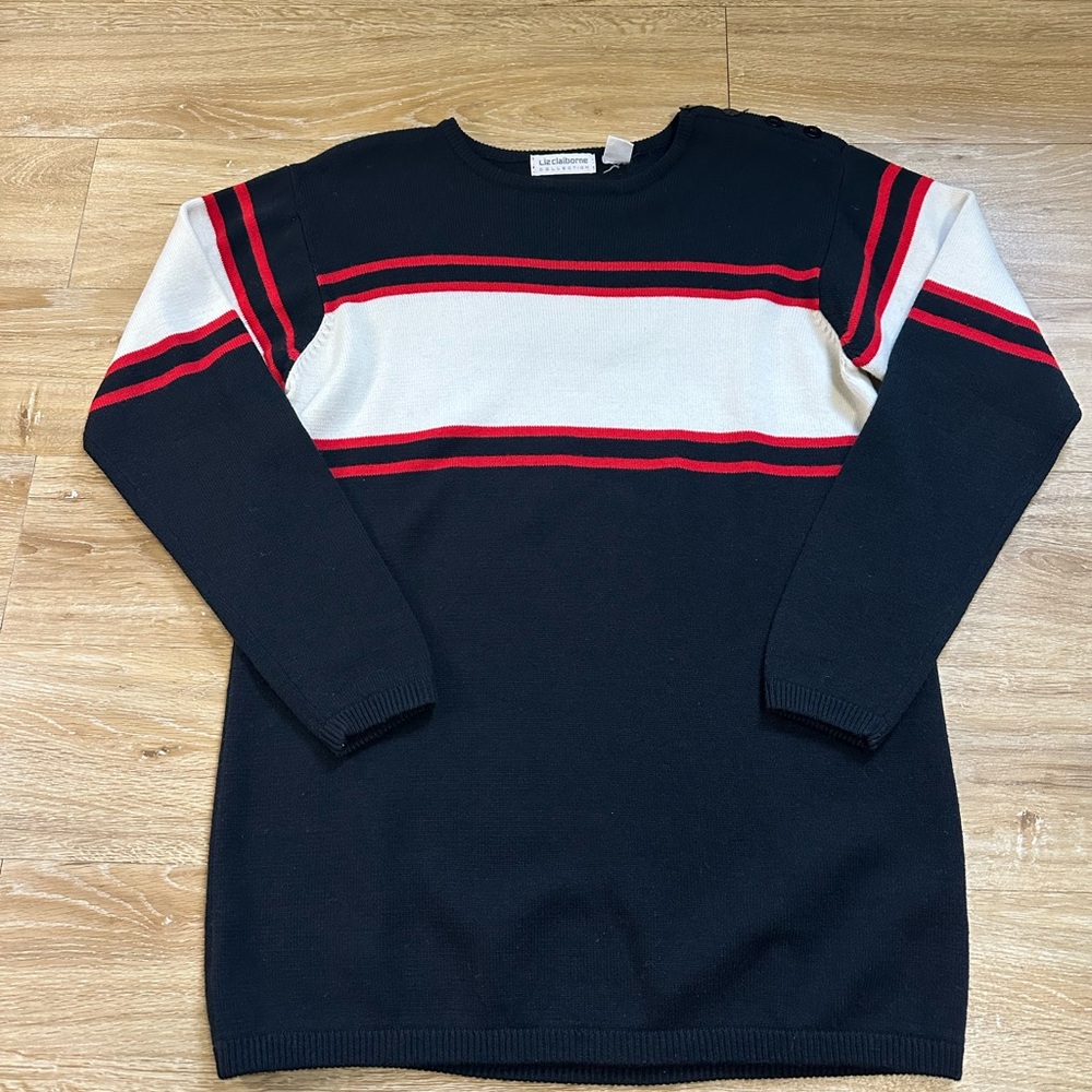 Striped Black and White Sweater with Red Accents lambs wool small oversized